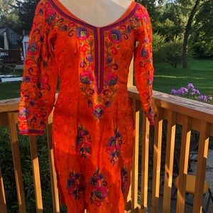 Ladies bright bold orange embroidered dress/shirt size M -one of a kind